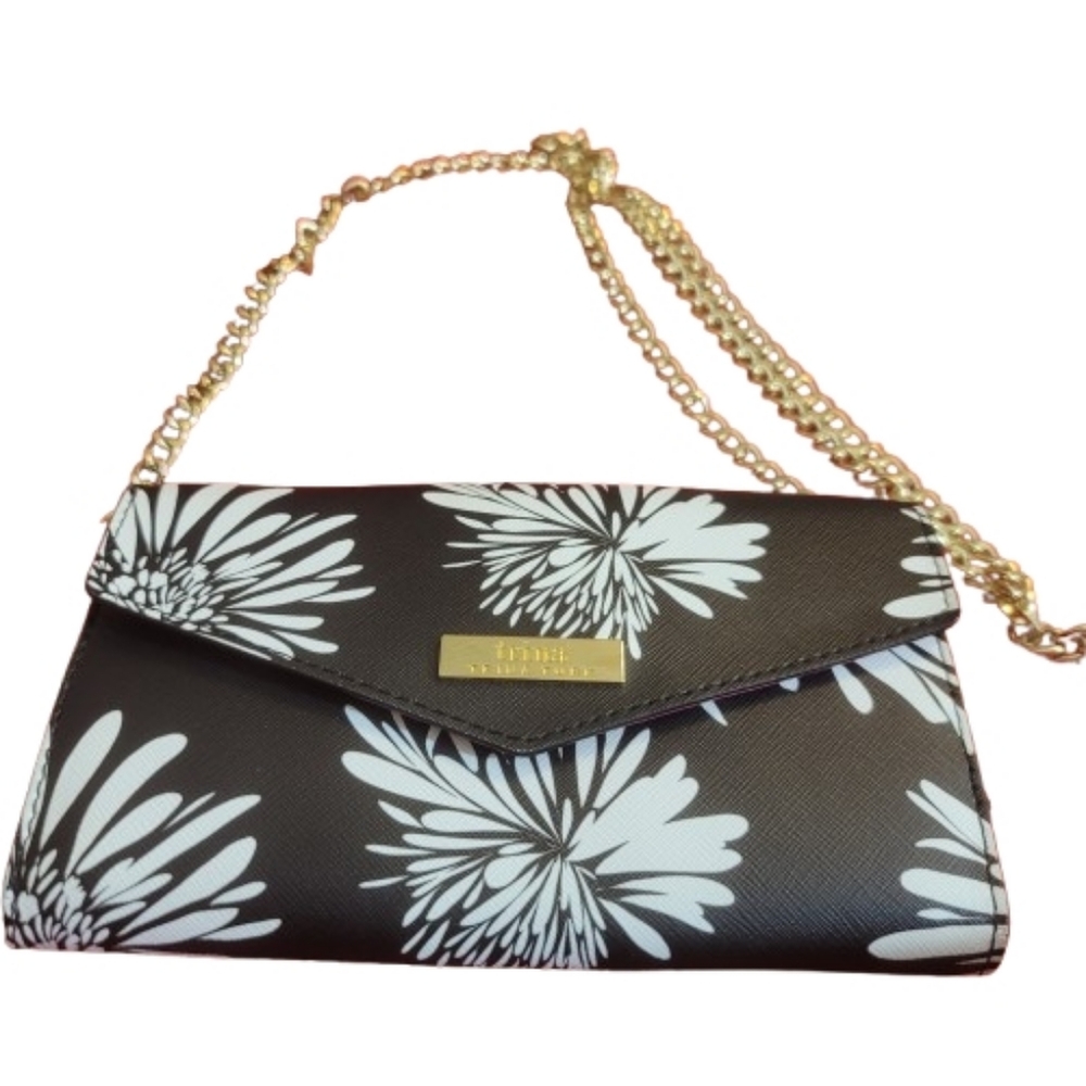 Trina Turk Floral Black Crossbody Trifold Wallet Envelope Clutch Gold Chain